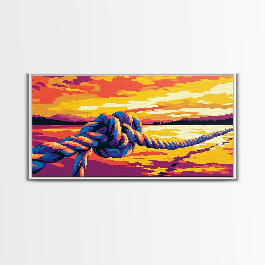Nautical Rope, Sunset Over Water, Canvas Print, Coastal Wall Art, Beach House Decor, Ocean View, Vibrant Summer Scene, Boho Style