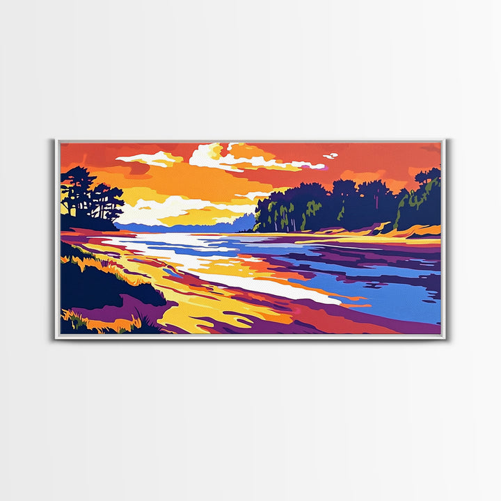 Ocean Shore, Sunset Glow, Coastal Serenity, Framed Canvas Print, Beach House Wall Art, Nautical Decor, Vibrant Seascape Painting