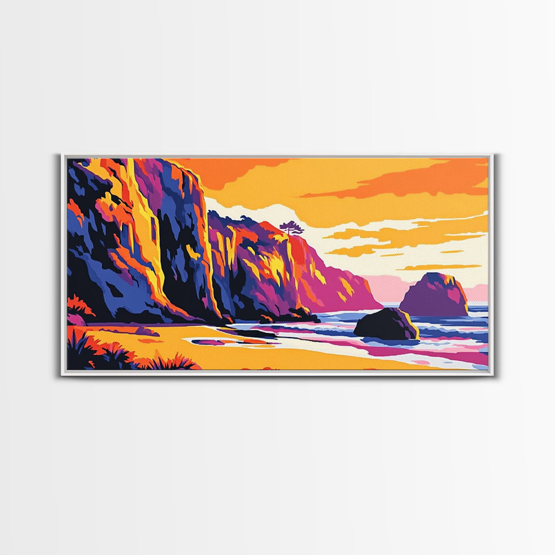 Ocean Cliffs, Coastal Sunset Art, Vibrant Seascape Painting, Beach Wall Decor, Framed Canvas Print, Nautical Home Design, Office Art