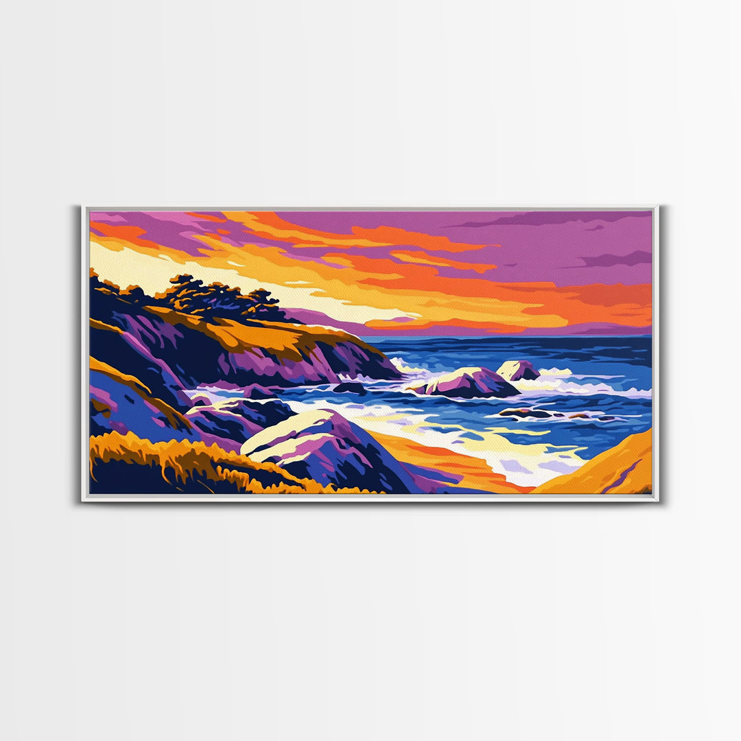 Ocean Sunset, Rolling Waves, Coastal Painting, Colorful Seascape, Nautical Wall Art, Beach House, Bedroom, Framed Canvas Print
