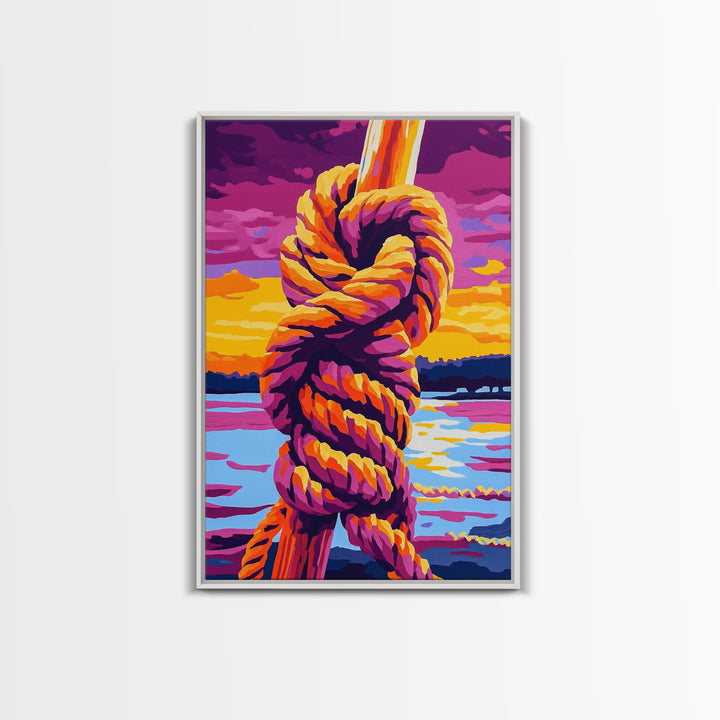 Nautical Knot, Coastal Wall Art, Sunset Over Water, Rustic Rope Art, Framed Canvas Print, Lake House Decor, Nautical Home Accent