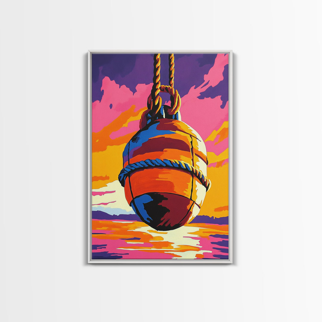 Nautical Buoy, Ocean Sunset, Coastal Art, Framed Canvas Print, Beach Wall Art, Vibrant Home Decor, Seaside Painting, Boat House Artwork