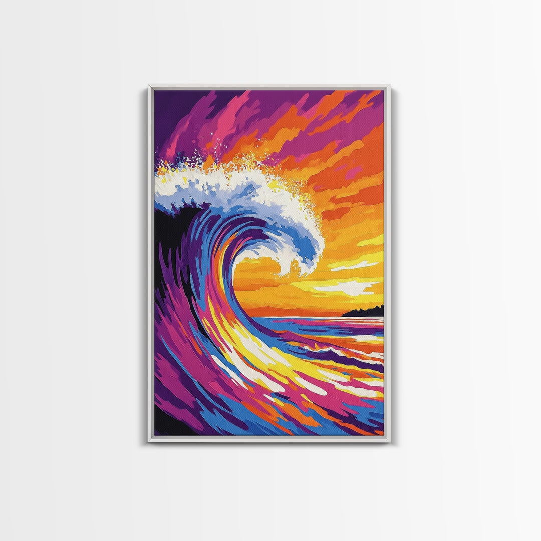 Ocean Wave, Splash, Power, Sunset, Framed Canvas Print, Coastal Decor, Surf Art, Beach House Wall Art, Nautical Theme, Vibrant Blue