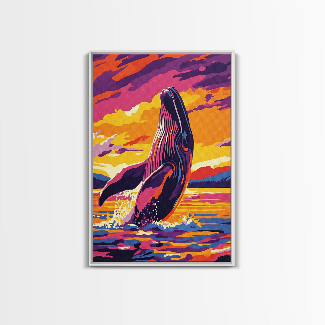 Breaching Whale, Ocean Wildlife Art, Nautical Home Decor, Coastal Sunset Art, Framed Canvas Print, Living Room Wall Art, Marine Painting