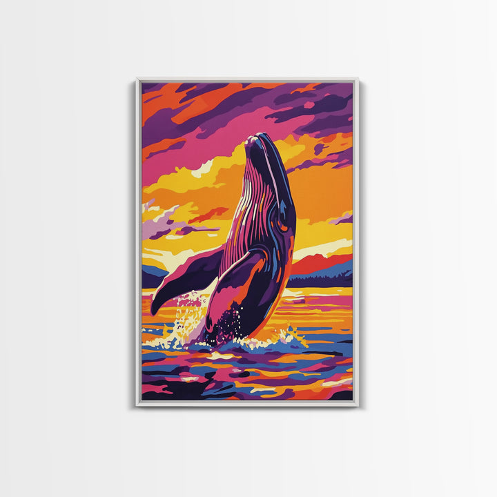 Breaching Whale, Ocean Wildlife Art, Nautical Home Decor, Coastal Sunset Art, Framed Canvas Print, Living Room Wall Art, Marine Painting