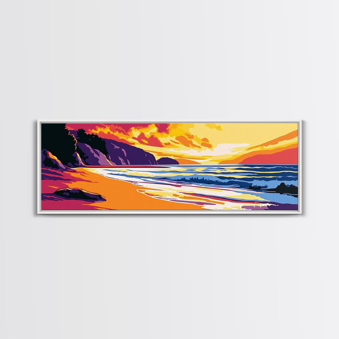 Ocean Shore, Vibrant Sunset, Golden Beach, Coastal Landscape, Canvas Print, Beach House Decor, Nautical Wall Art, Relaxing Aesthetic