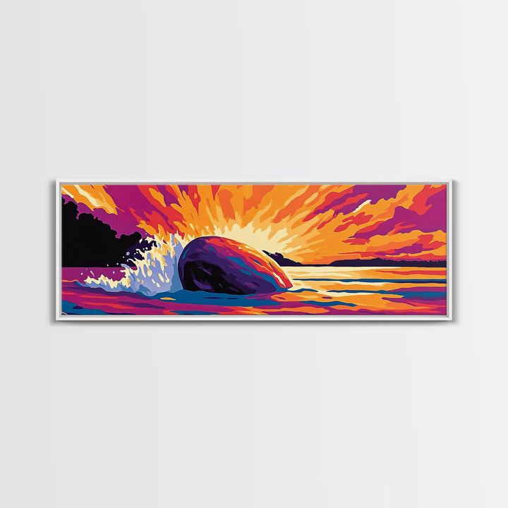 Ocean Splash, Vibrant Sunset, Coastal Energy, Bold Colors, Framed Canvas Print, Nautical Wall Art, Living Room Art, Dynamic Seascape
