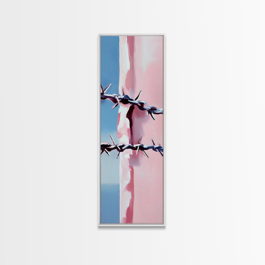 Barbed Wire Closeup, Modern Western, Pink and Blue Art, Framed Canvas Print, Minimalist Wall Art, Rustic Decor, Entryway Wall Art