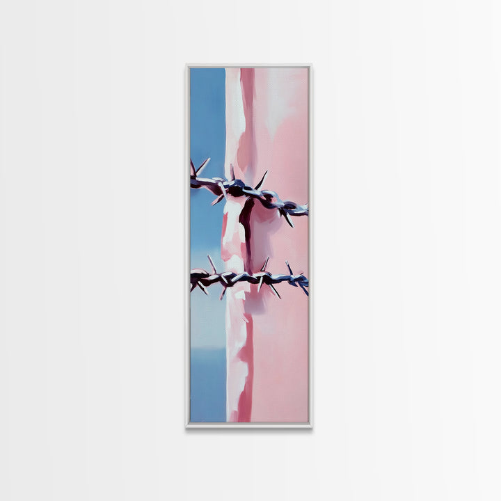 Barbed Wire Closeup, Modern Western, Pink and Blue Art, Framed Canvas Print, Minimalist Wall Art, Rustic Decor, Entryway Wall Art