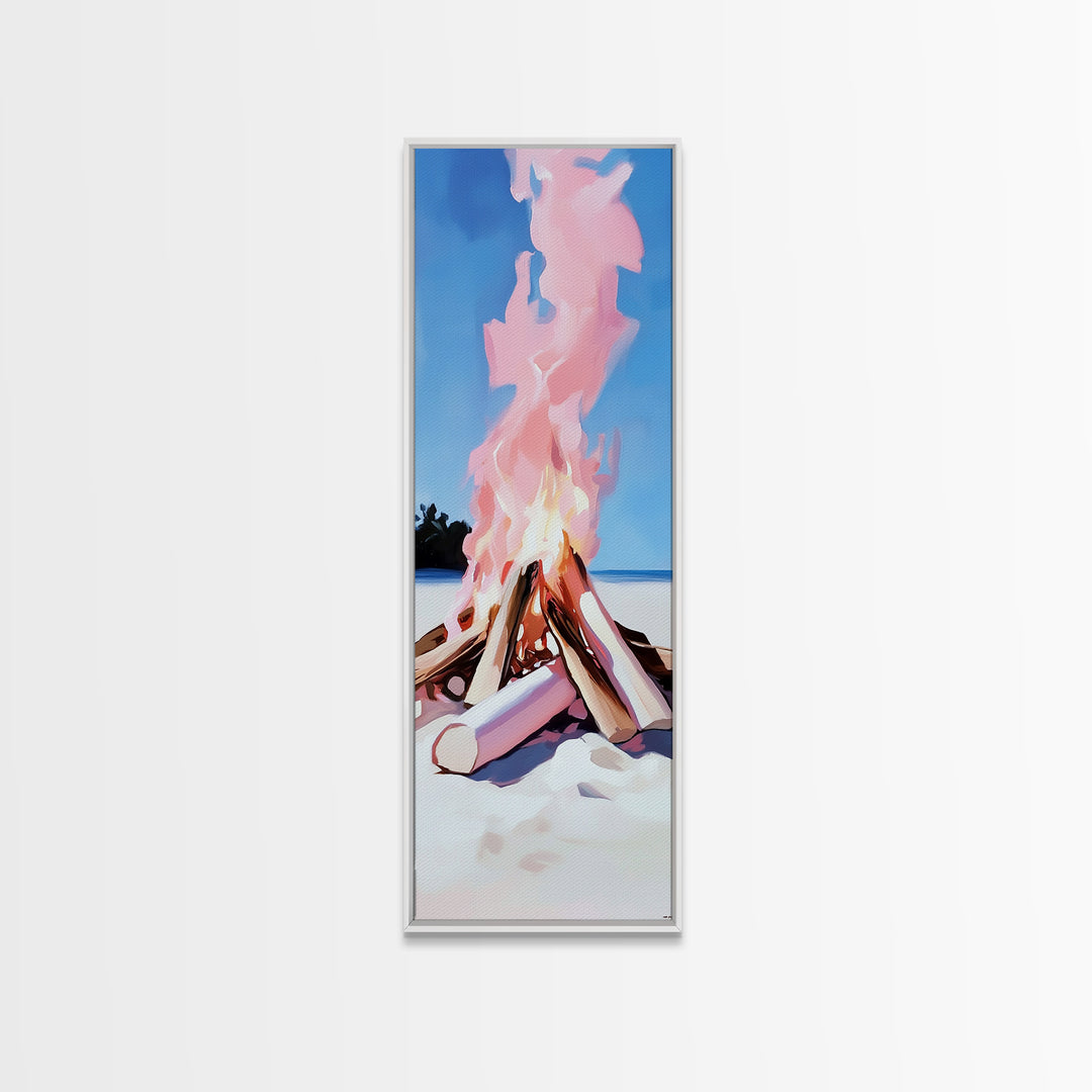 Bonfire Glow, Beach Campfire, Pink Flame Art, Framed Canvas Print, Coastal Decor, Warm Aesthetic, Living Room or Bedroom Wall Art