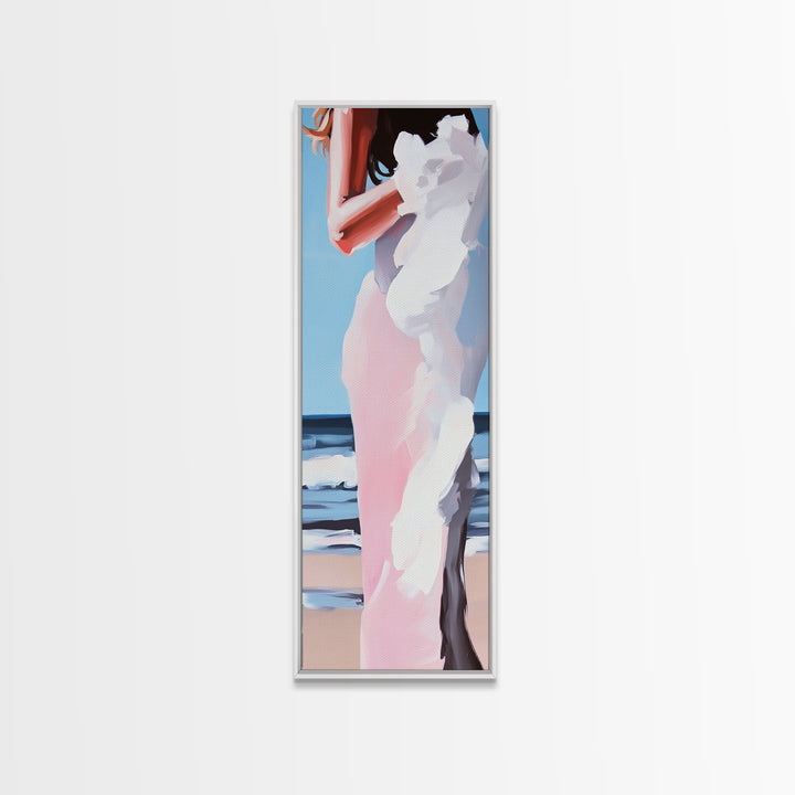 Beach Bride, Ocean Fashion, Elegant Woman, Framed Canvas Print, Coastal Wall Art, Soft Feminine Aesthetic, Living Room Wall Art