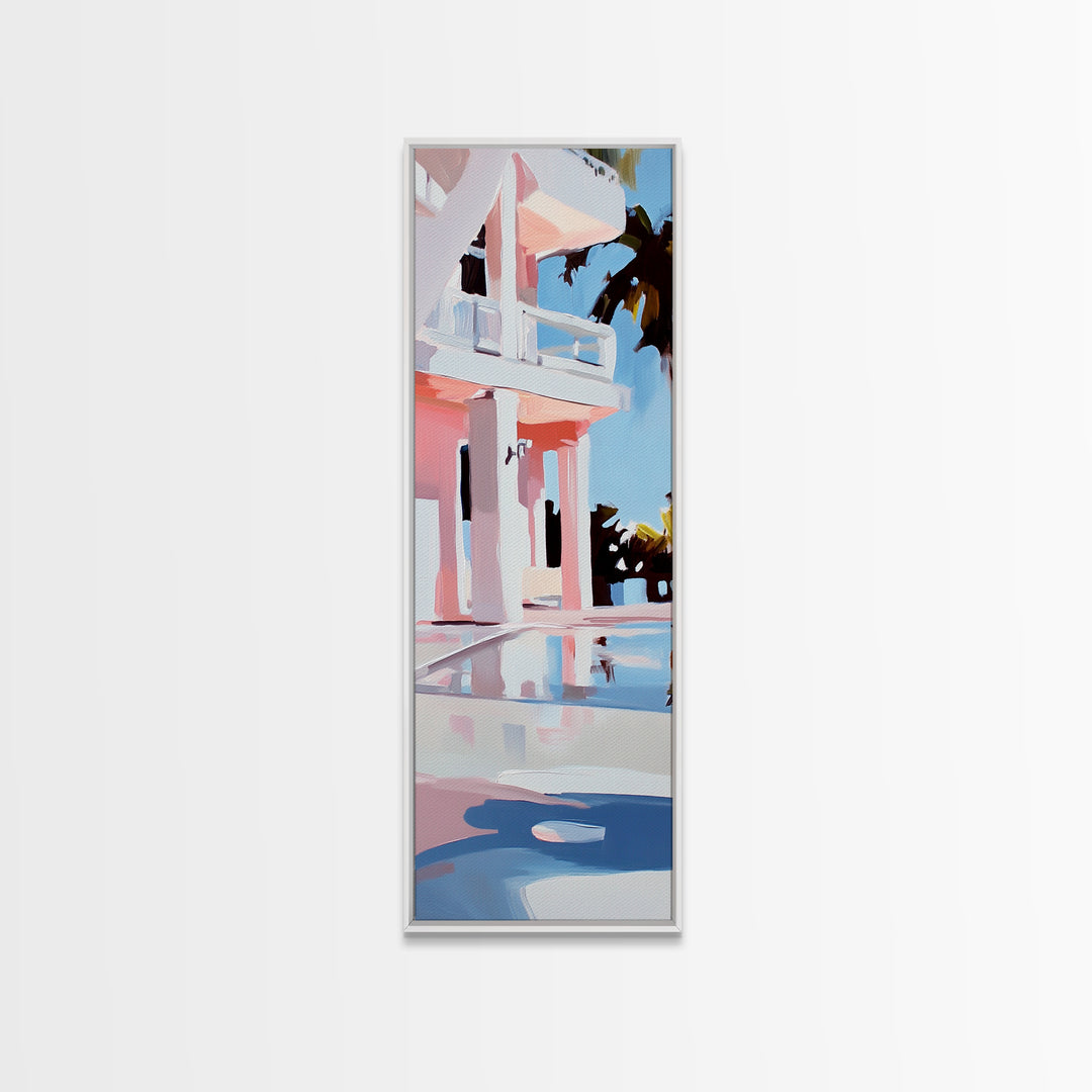 Modern Villa, Coastal Home, Palm Tree Art, Framed Canvas Print, Contemporary Architecture, Living Room Wall Art, Tropical Decor