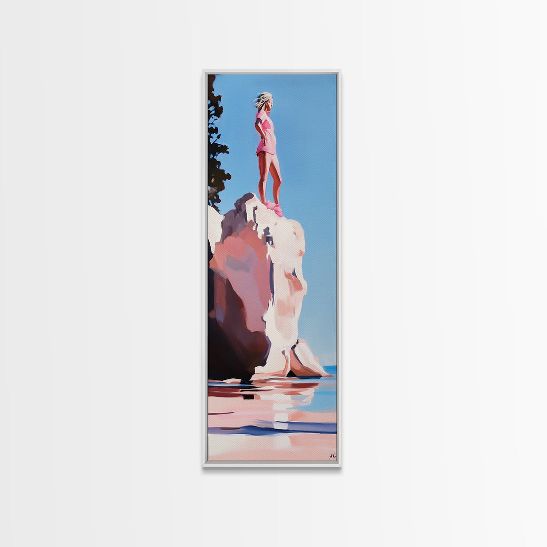 Coastal Adventure, Pink and Blue Art, Minimalist Beach Scene, Modern Landscape, Travel Inspiration, Contemporary Framed Canvas Print