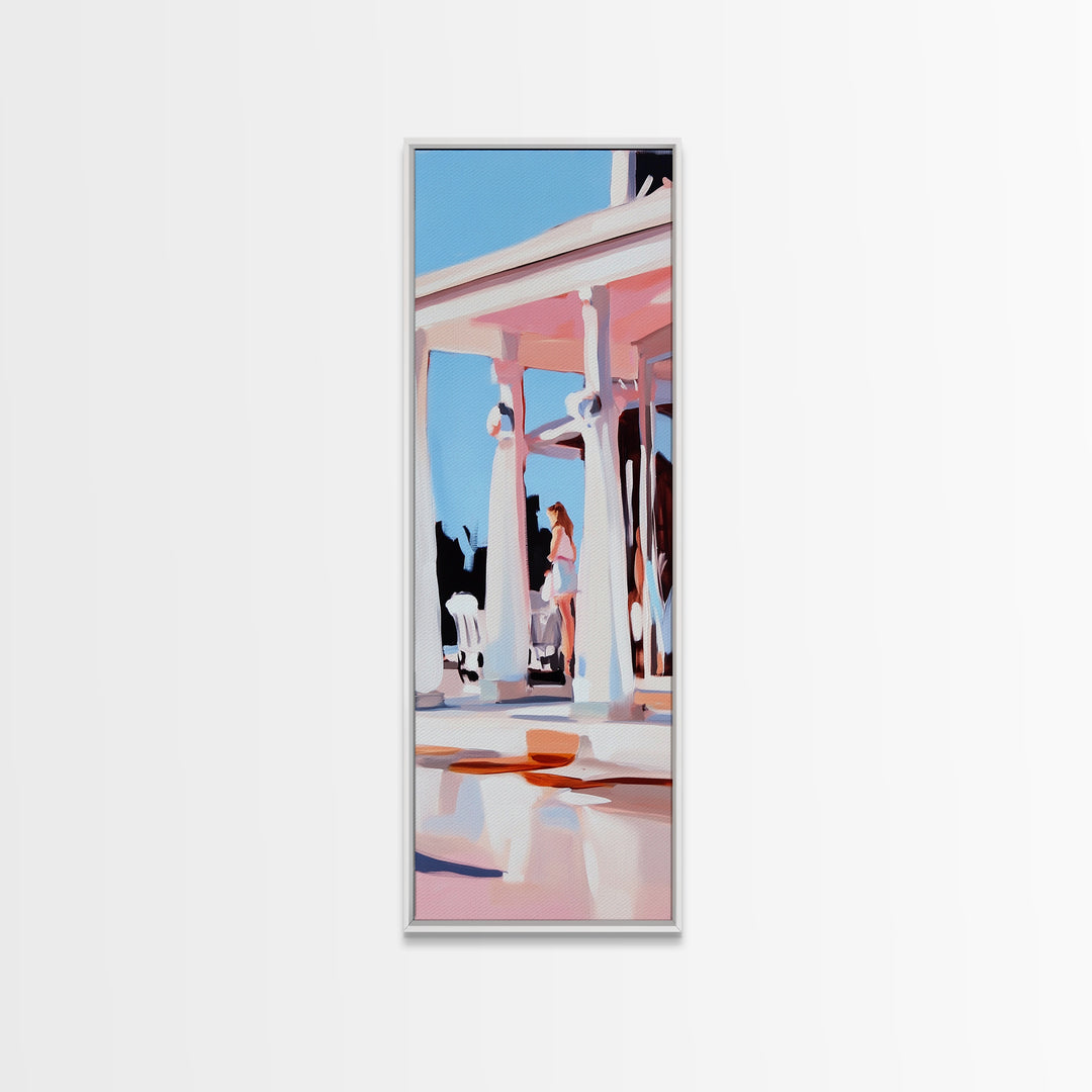 Coastal Columns, Summer Escape, Warm Pastels, Architecture Art, Framed Canvas Print, Living Room Wall Art, Modern Decor, Beach House Style