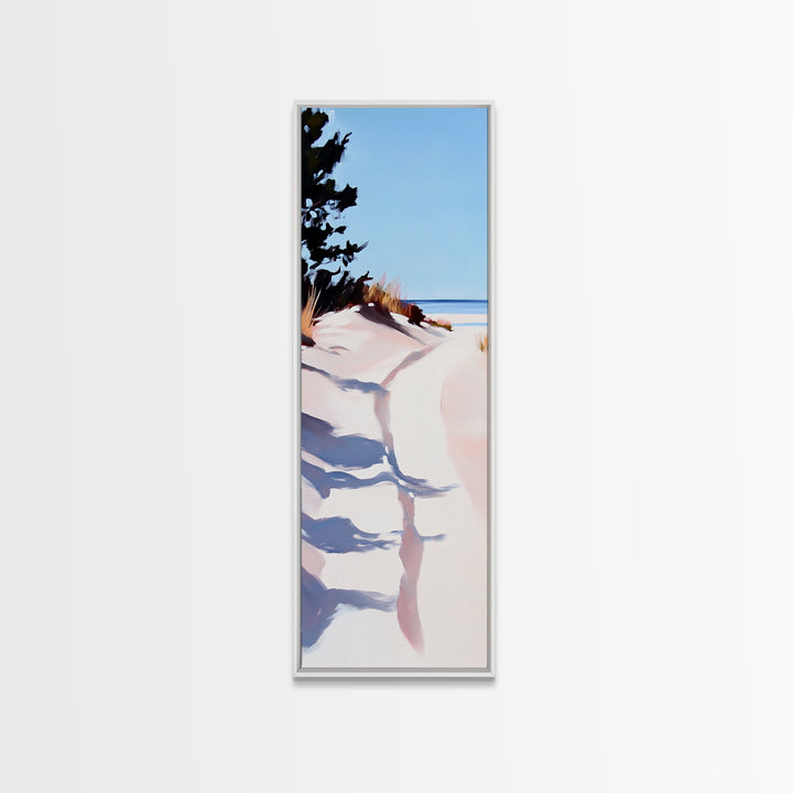Ocean Walkway, Dunes and Shadows, Coastal Serenity, Soft Light, Framed Canvas Print, Living Room Wall Art, Beach House Decor