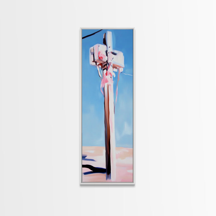 Coastal Utility Pole, Minimalist Beach Art, Soft Pastel Aesthetic, Sky Blue Landscape, Modern Wall Decor, Framed Canvas Print, Ocean Vibes