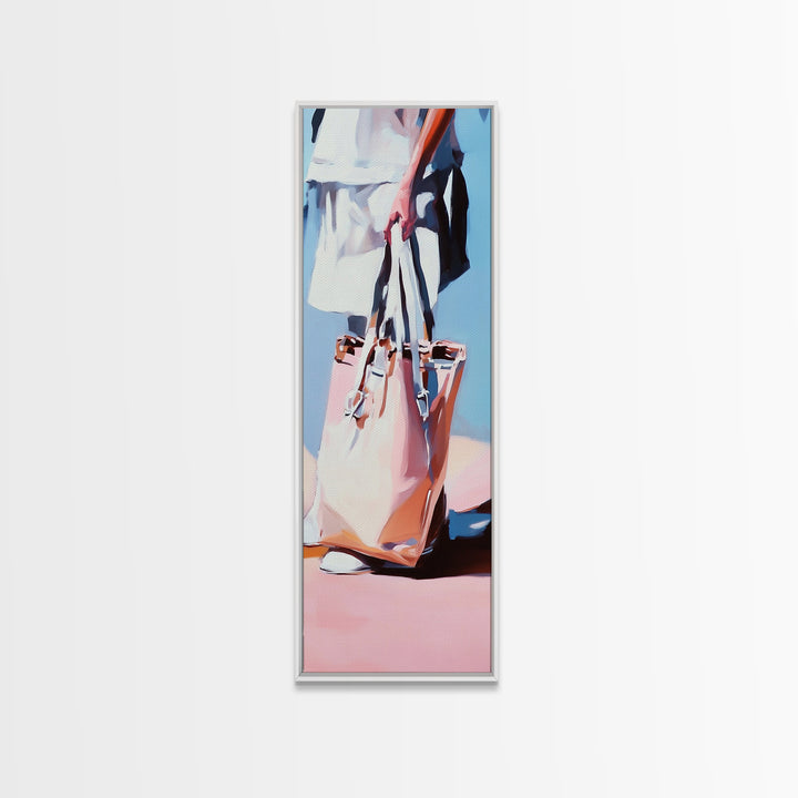 Chic Tote Bag, Fashion Illustration, Feminine Art, Pastel Minimalist Art, Modern Wall Decor, Stylish Bedroom, Framed Canvas Print
