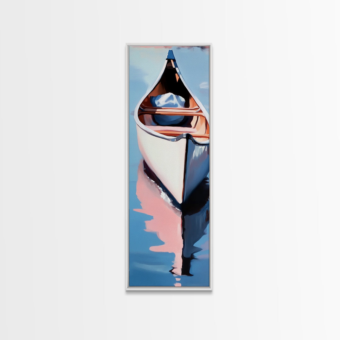 Canoe on Water, peaceful lake scene, wilderness art, adventure painting, modern minimalism, nature lover’s decor, framed canvas print