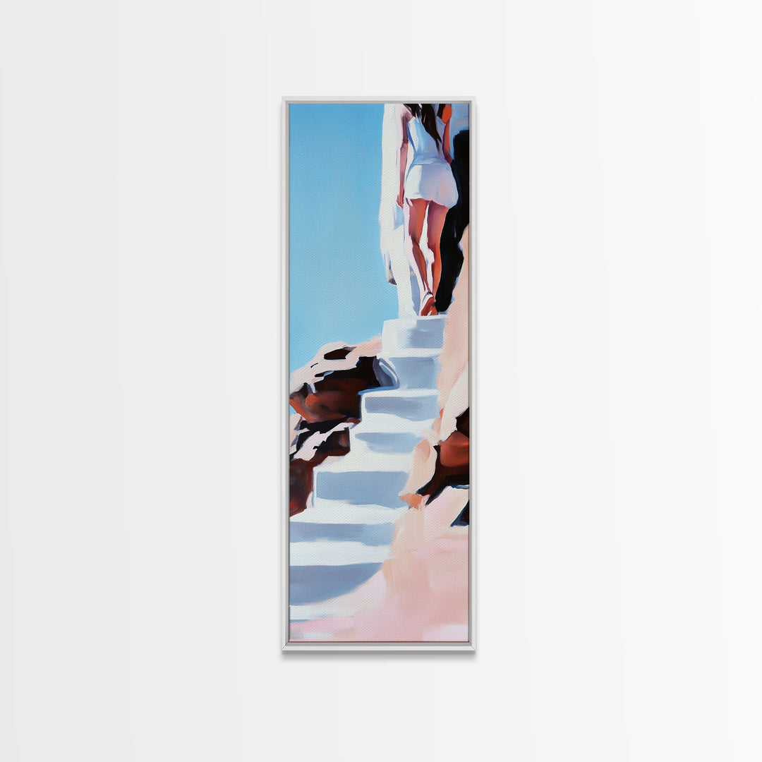 Cliffside Beauty, White Dress, Tranquil Escape, Canvas Print, Modern Wall Art, Boho Beach Decor, Bedroom Wall Art, Minimalist Coastal