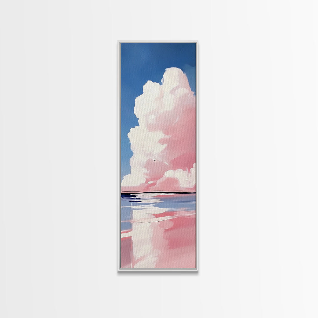 Dreamy Sky, Cotton Candy Clouds, Tranquil Seascape, Framed Canvas Print, Soft Pastel Art, Minimalist Ocean Decor, Bedroom Wall Art