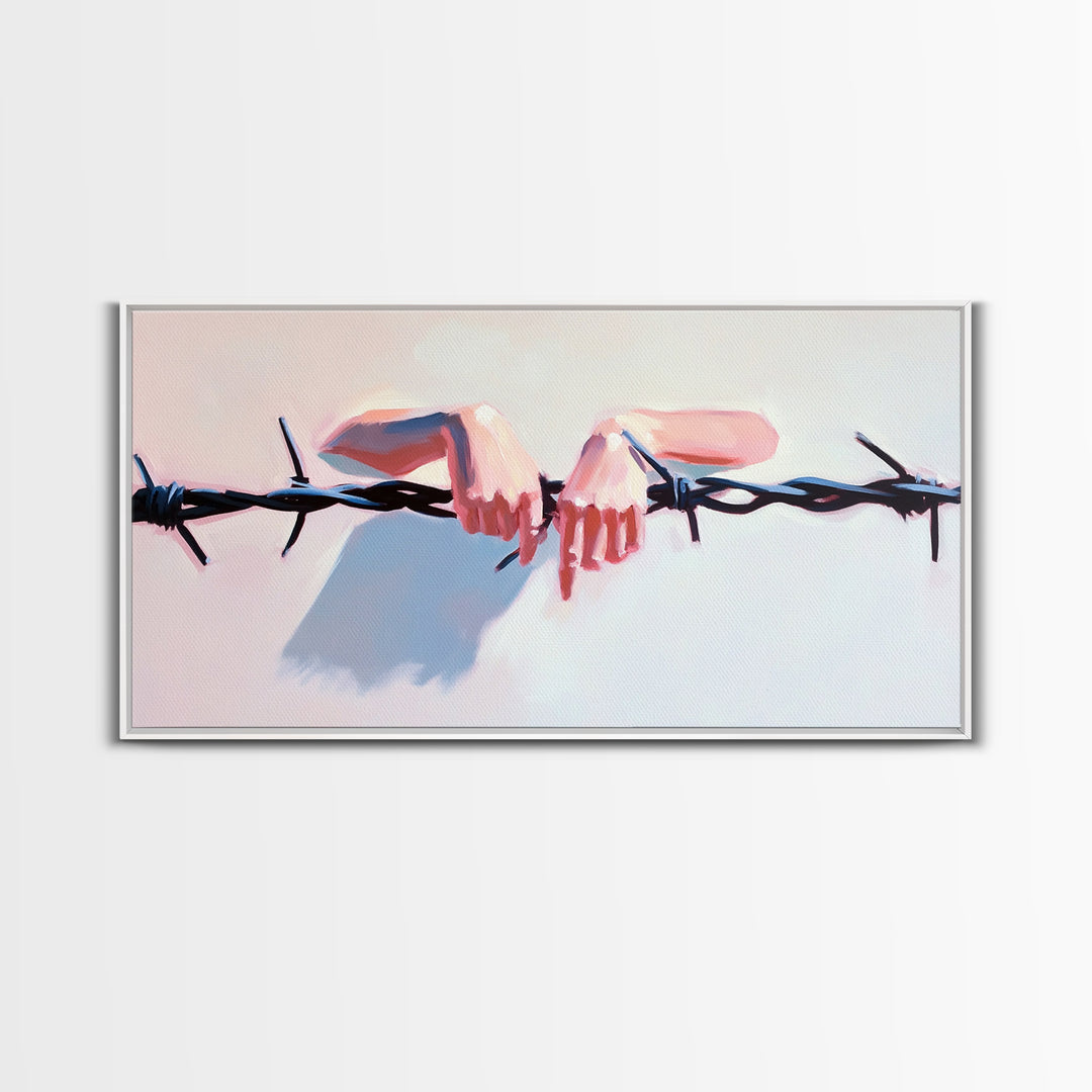Hands on Barbed Wire, Surreal Art, Emotional Aesthetic, Modern Symbolism, Thought-Provoking Decor, Contemporary Wall Art, Canvas Print