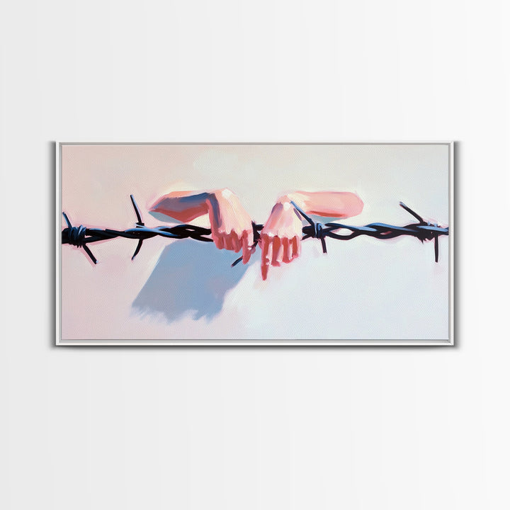Hands on Barbed Wire, Surreal Art, Emotional Aesthetic, Modern Symbolism, Thought-Provoking Decor, Contemporary Wall Art, Canvas Print
