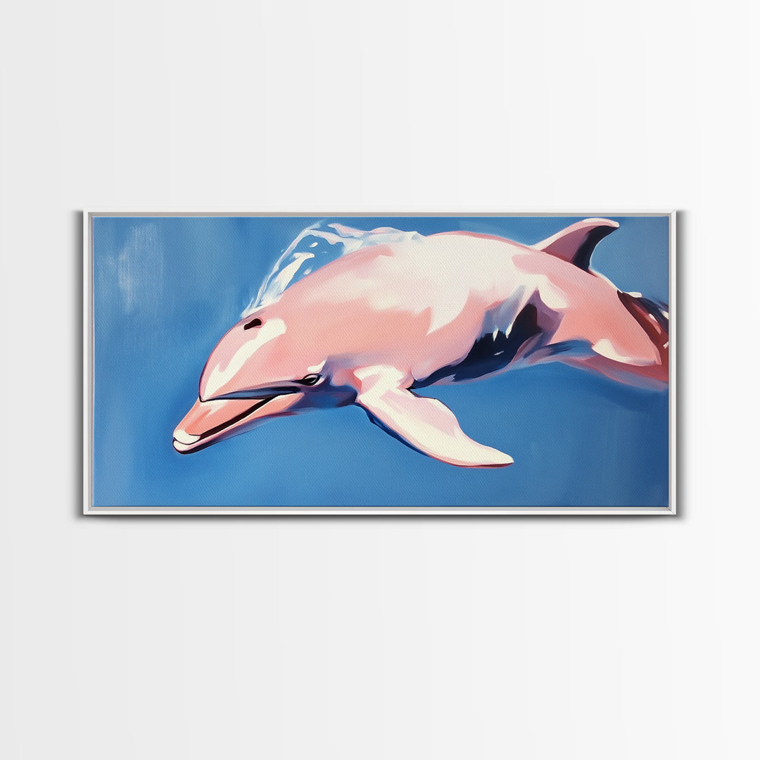 Dolphin Painting, Ocean Wall Art, Coastal Home Decor, Marine Life Artwork, Blue and Pink Art, Beach House Art, Framed Canvas Print