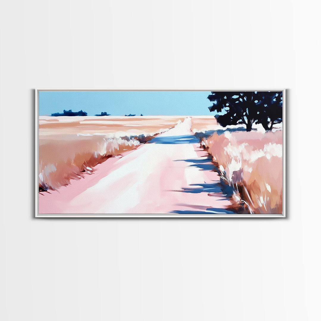 Countryside Path Art, Rustic Landscape Print, Minimalist Nature Painting, Warm Autumn Decor, Serene Scenic Artwork, Framed Canvas Print