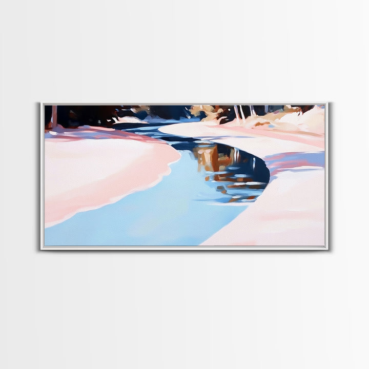 River Reflection, Serene Water Scene, Tranquil Nature Wall Art, Soft Pastel Landscape, Rustic Wilderness Decor, Framed Canvas Print