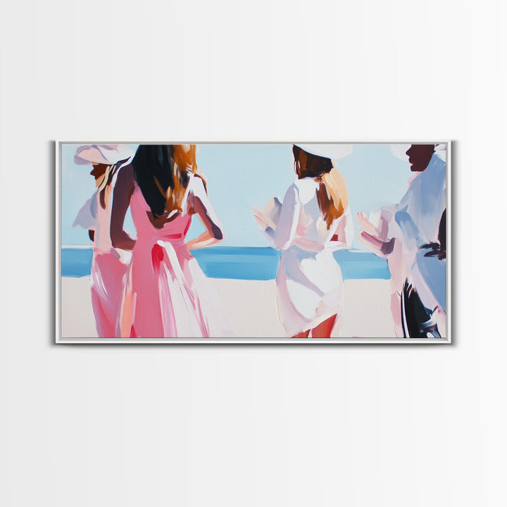 Beach Wedding Art, Elegant Women Painting, Soft Pastel Coastal Decor, Feminine Ocean Scene, Chic Minimalist Aesthetic, Canvas Print