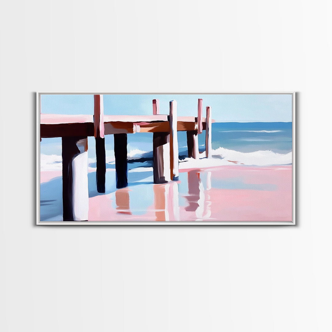 Beach Pier Painting, Coastal Ocean Scene, Nautical Seascape Art, Minimalist Modern Aesthetic, Relaxing Summer Wall Decor, Canvas Print