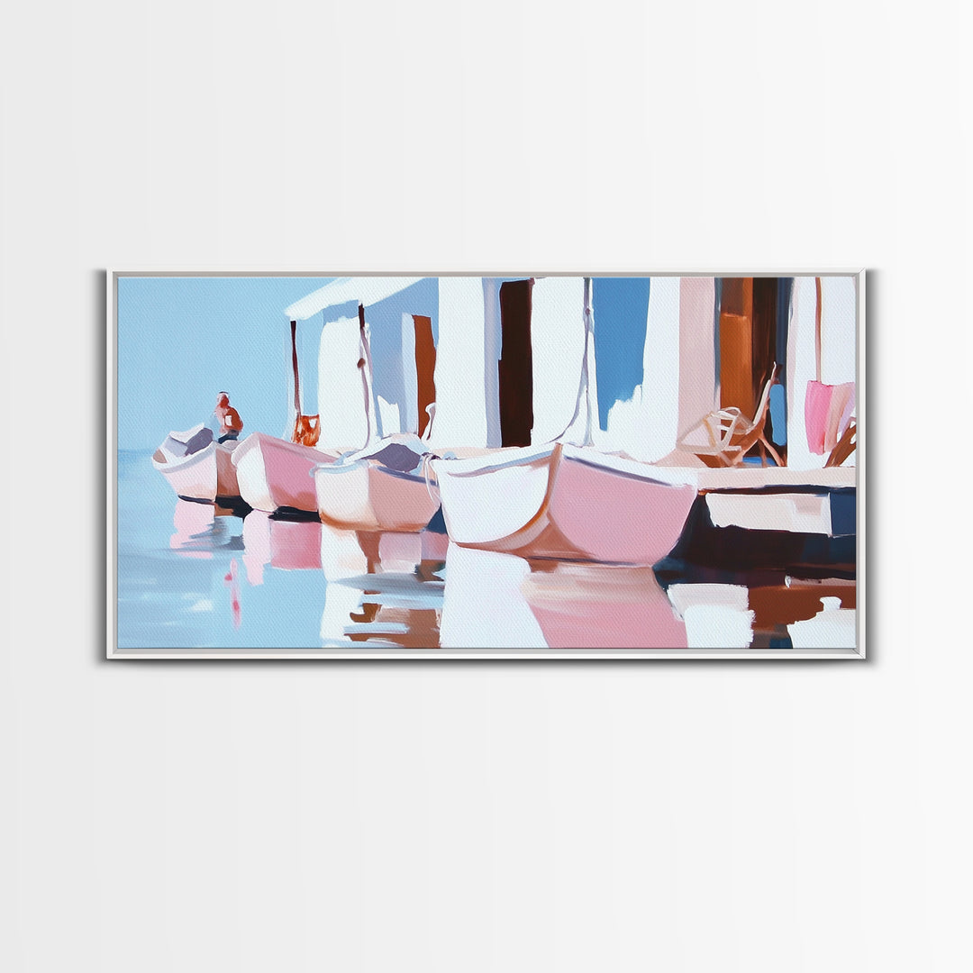 Docked Boats, Nautical Coastal Art, Mediterranean Harbor Scene, Framed Canvas Print, Beach House Wall Decor, Nautical Home Art