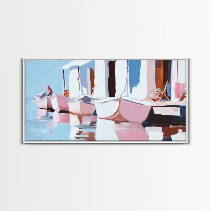 Docked Boats, Nautical Coastal Art, Mediterranean Harbor Scene, Framed Canvas Print, Beach House Wall Decor, Nautical Home Art