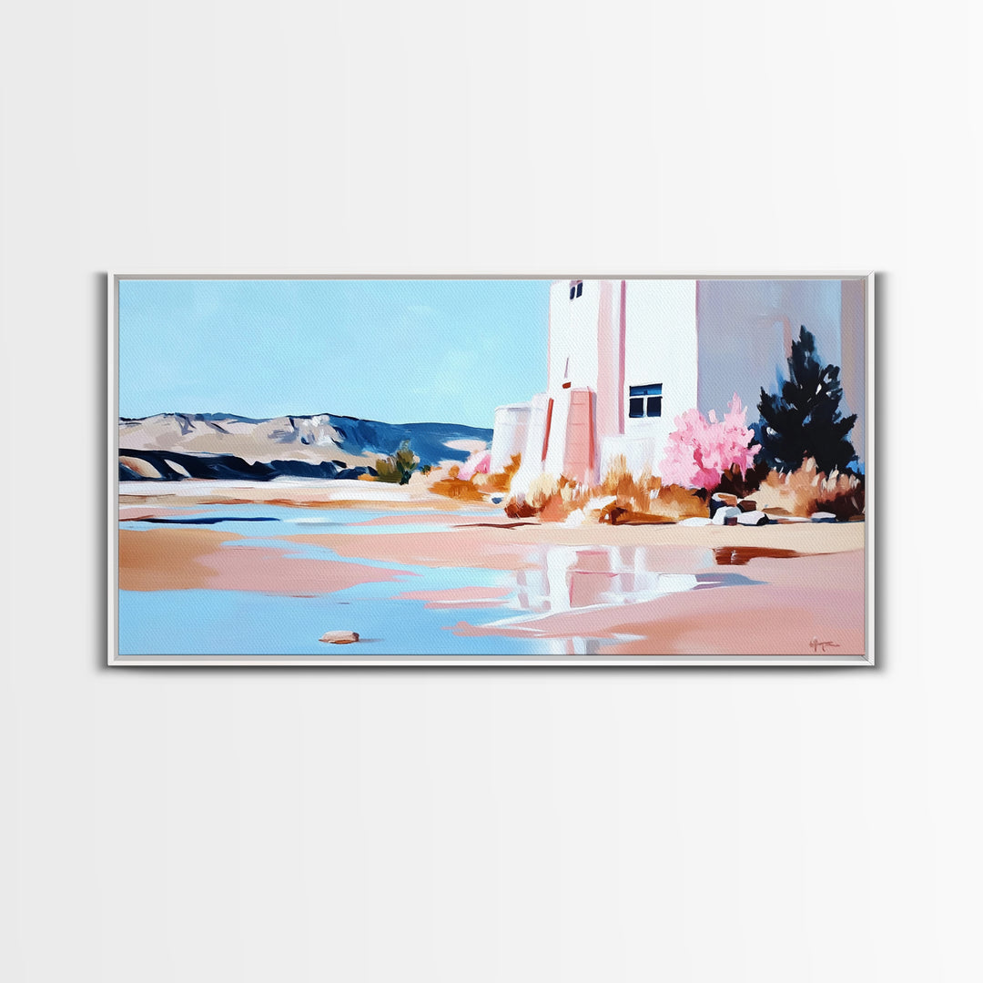 Desert Landscape, White House, Pink Trees, Canvas Print, Modern Southwest Art, Living Room Wall Art, Warm Earthy Tones, Minimalist Nature