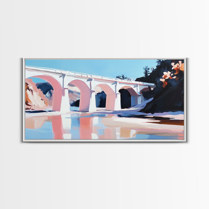 Bridge Reflection, Scenic River, Pastel Landscape, Canvas Print, Architecture Art, Living Room Wall Art, Minimalist Water Scene, Travel Art