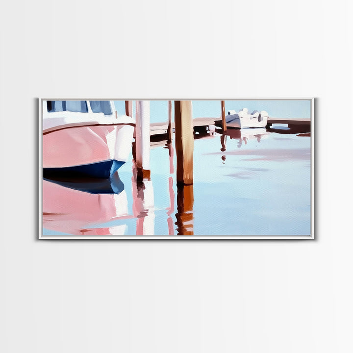 Docked Boats, Waterfront Scene, Canvas Print, Nautical Home Decor, Living Room Wall Art, Soft Pastel Aesthetic, Minimalist Seaside