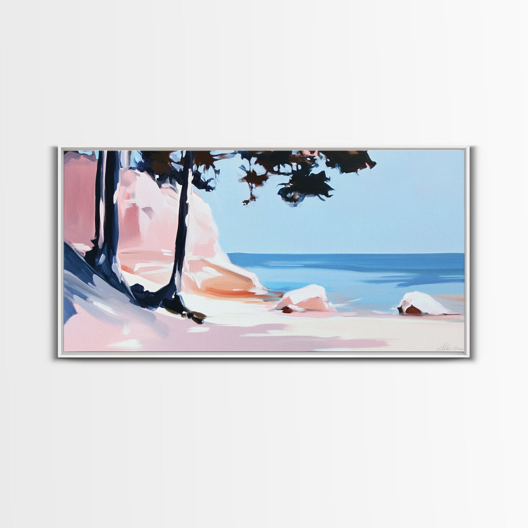 Beach Cliffs, Ocean Landscape, Coastal Art, Modern Wall Decor, Living Room Art, Framed Canvas Print, Minimalist Seascape, Pastel Artwork