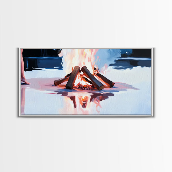 Cozy Bonfire, Fire Reflection, Campfire Glow, Autumn Night, Framed Canvas Print, Cabin Wall Art, Rustic Decor, Warm Atmosphere, Fall Art
