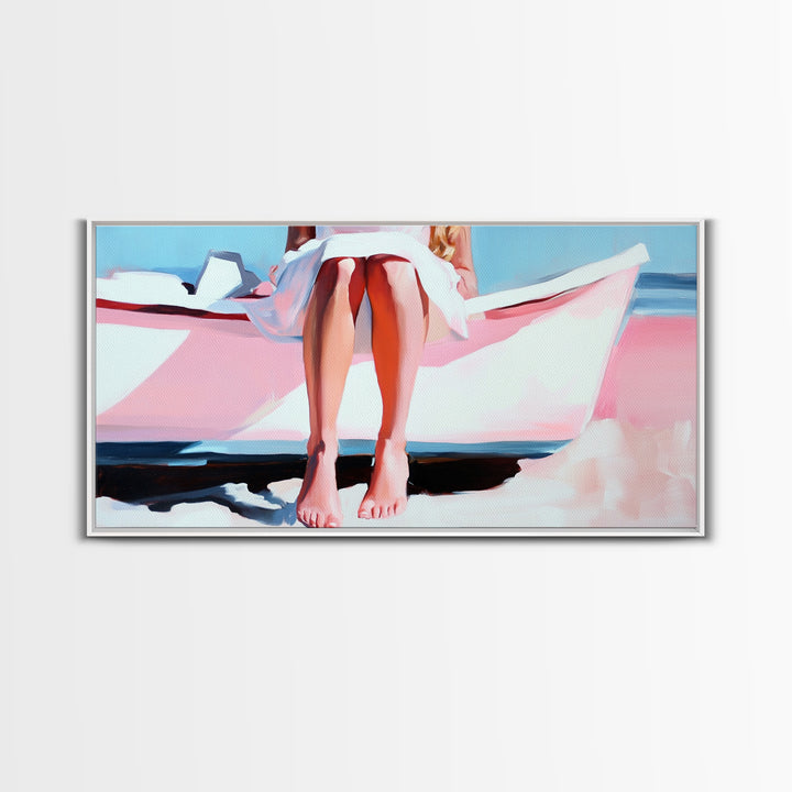 Barefoot on Boat, Coastal Lifestyle, Serene Beach Art, Nautical Aesthetic, Minimalist Wall Decor, Pastel Home Art, Canvas Print