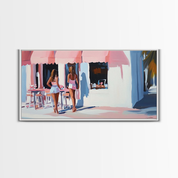 Café Scene, Pink Aesthetic, Coastal Lifestyle, Boho Summer Art, Chic Minimalist Decor, Home Wall Art, Living Room Art, Framed Canvas Print