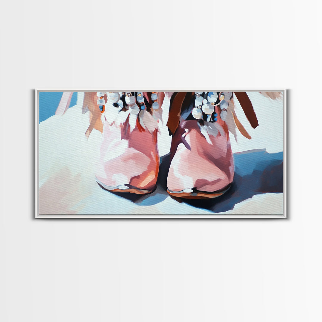 Boho Boots, Western Fashion, Beaded Cowboy Style, Rustic Aesthetic, Country Chic Decor, Modern Americana Art, Bedroom Wall Art