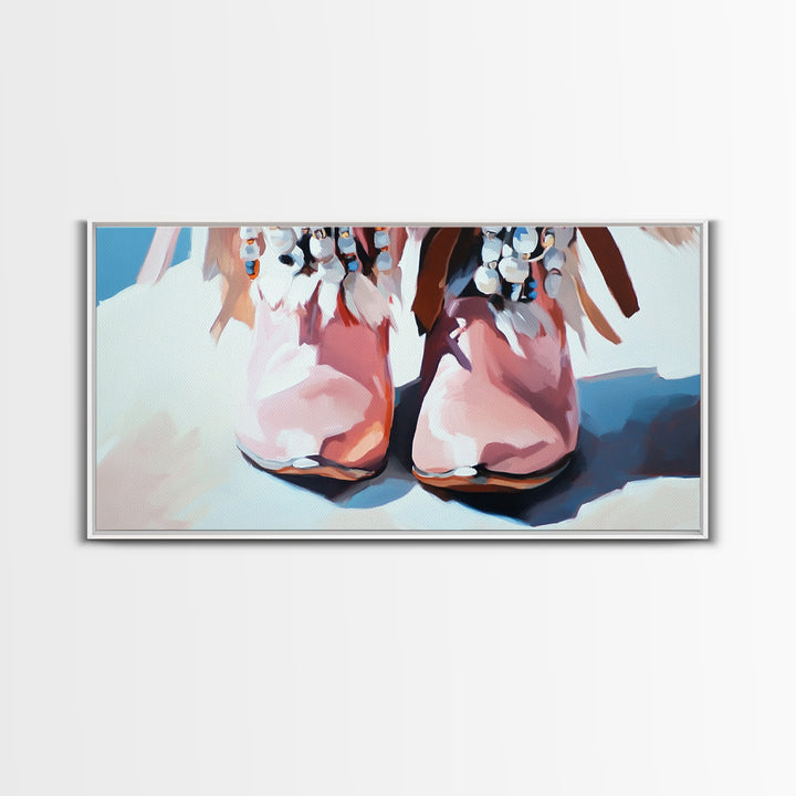 Boho Boots, Western Fashion, Beaded Cowboy Style, Rustic Aesthetic, Country Chic Decor, Modern Americana Art, Bedroom Wall Art