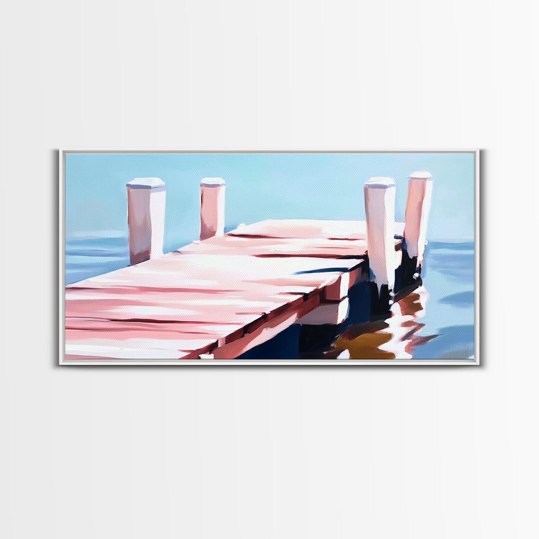 Dock on Water, Minimalist Seascape, Coastal Decor, Nautical Wall Art, Modern Beach Home, Summer Vibes, Blue Wall Art, Framed Canvas Print
