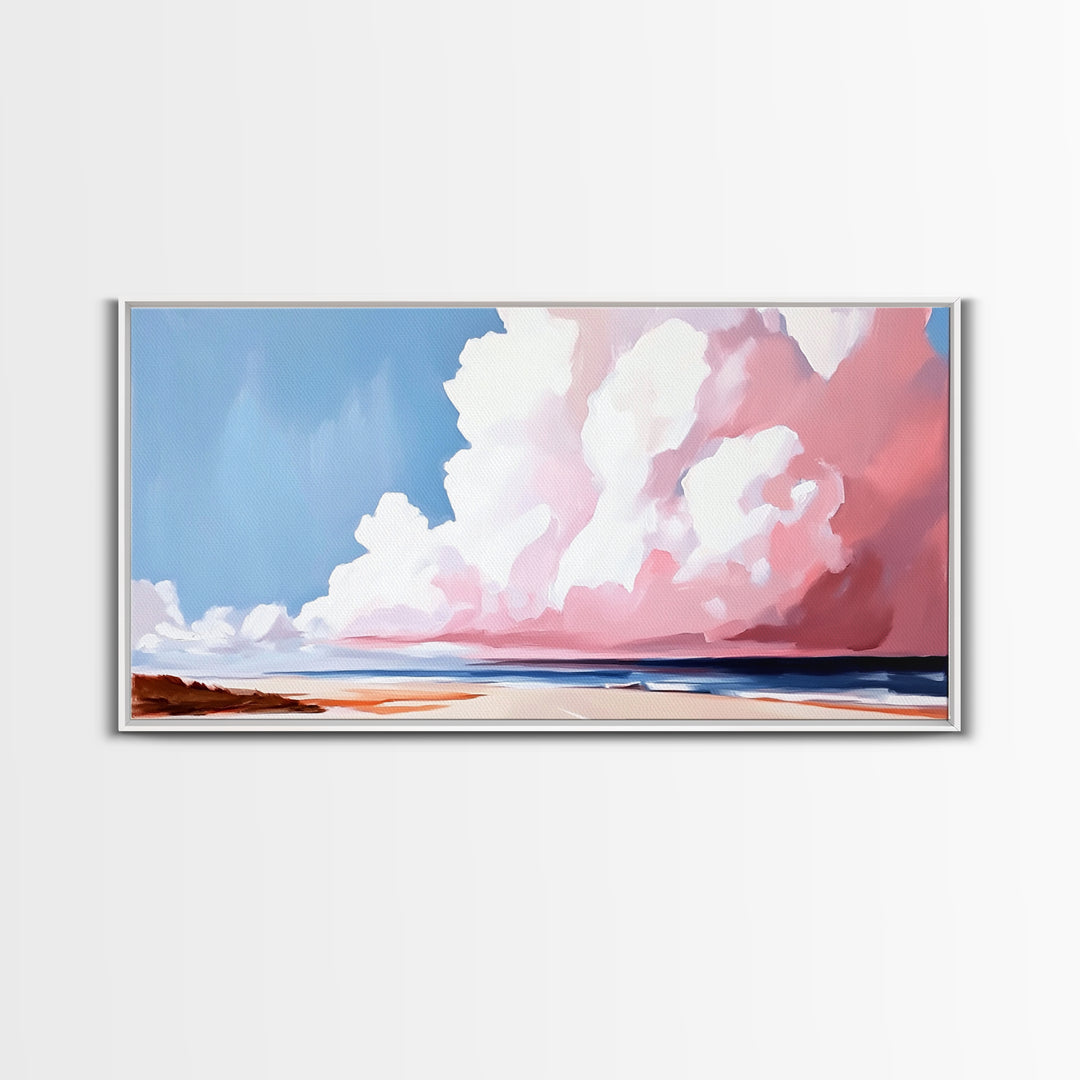 Cloudscape, Dreamy Sky, Coastal Horizon, Framed Canvas Print, Minimalist Art, Blue and Pink Decor, Bedroom Wall Art, Sky Lover Gift