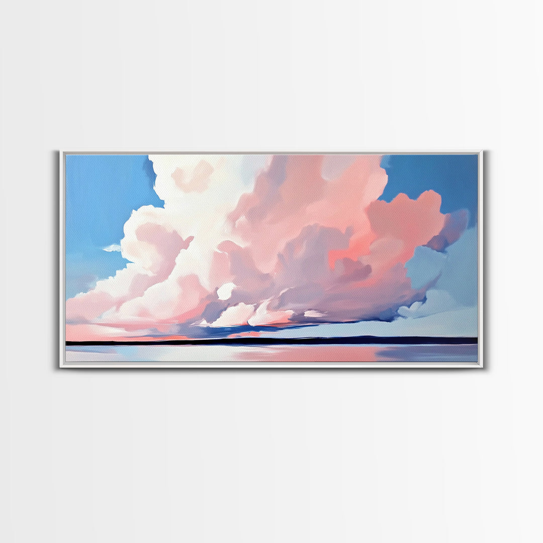 Sunset Glow, Cloud Reflections, Pastel Sky, Framed Canvas Print, Beach House Decor, Aesthetic Landscape, Contemporary Art, Serene Home Accent