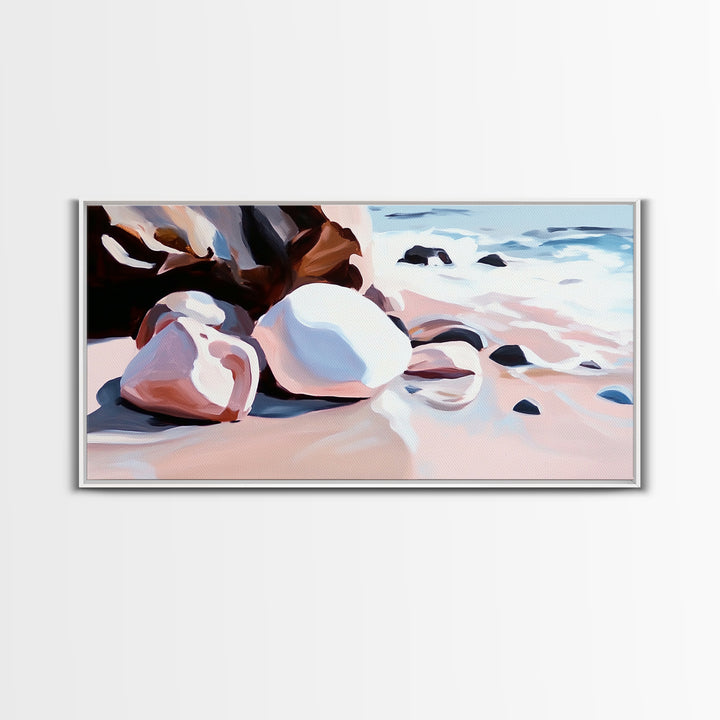 Coastal Rocks, Beach Waves, Ocean Wall Art, Framed Canvas Print, Nautical Decor, Summer Vibes, Relaxing Seaside Scene, Living Room Art