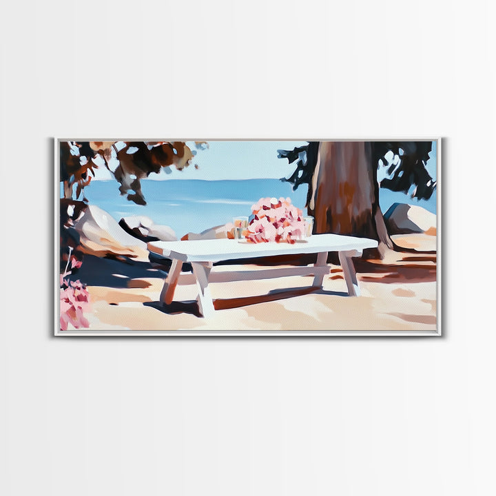 Beach Picnic, Seaside Dining, Summer Wall Art, Framed Canvas Print, Coastal Decor, Relaxing Atmosphere, Kitchen Art, Nautical Aesthetic