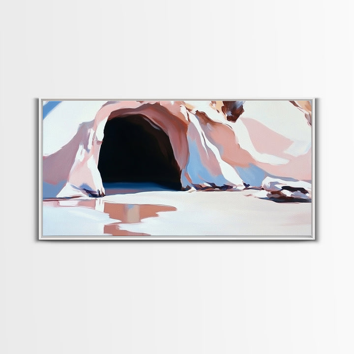 Cave Entrance, Surreal Landscape Art, Abstract Coastal Print, Pink Beige Tones, Nature Inspired, Boho Wall Decor, Framed Canvas Print