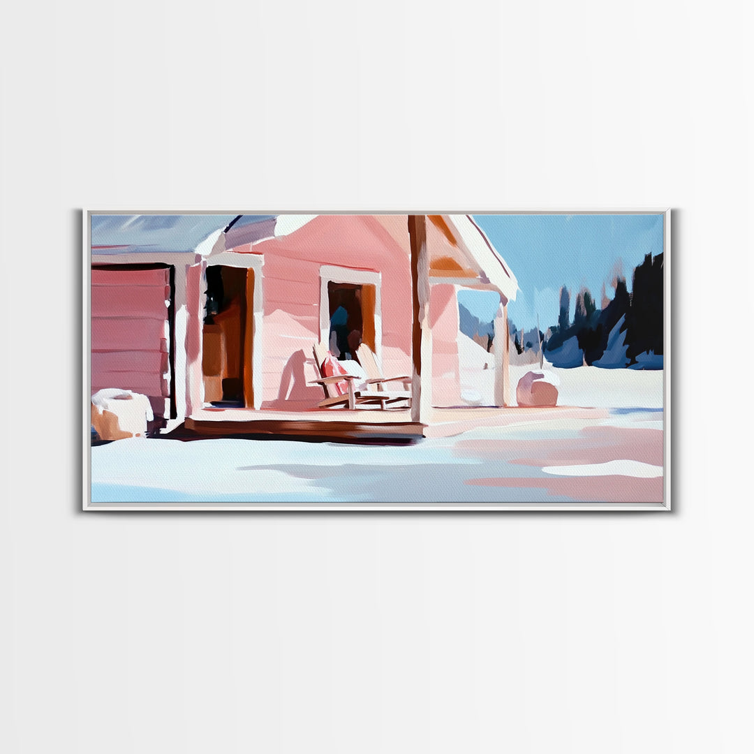 Pink Cabin, Winter Landscape Art, Cozy Home Decor, Framed Canvas Print, Rustic House Painting, Christmas Wall Art, Snowy Scene
