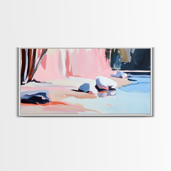 Rocky Beach, Nature Scene, Framed Canvas Print, Minimalist Seascape, Ocean Wall Art, Earthy Home Decor, Modern Coastal Art, Office